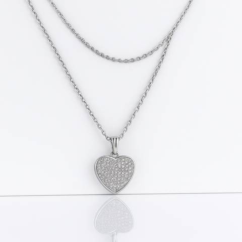 ✨ Silver Heart Pendant Necklace 💖 | Sparkling 925 Sterling Double Layer