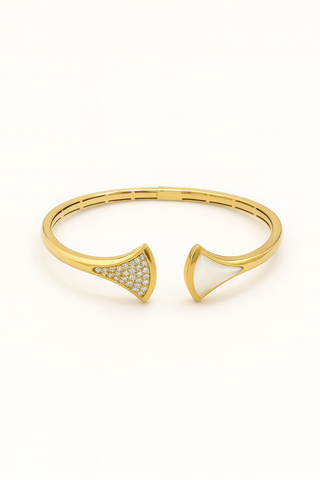 Luxurious Gold Open Cuff Bracelet with White Enamel & Crystal Detailing