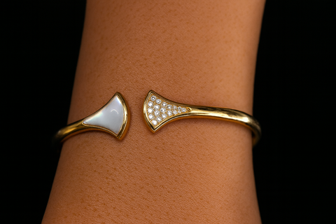 Luxurious Gold Open Cuff Bracelet with White Enamel & Crystal Detailing