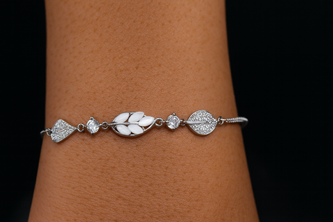 Elegant Silver Leaf Design Bracelet with Sparkling White Stones