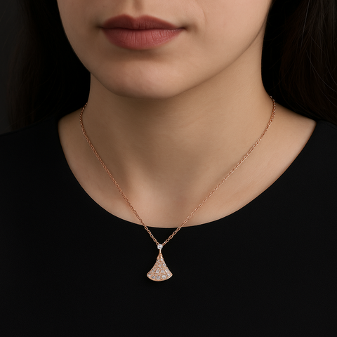 ✨ Rose Gold Fan Pendant Necklace 💖 | Elegant Sparkling 925 Silver Design
