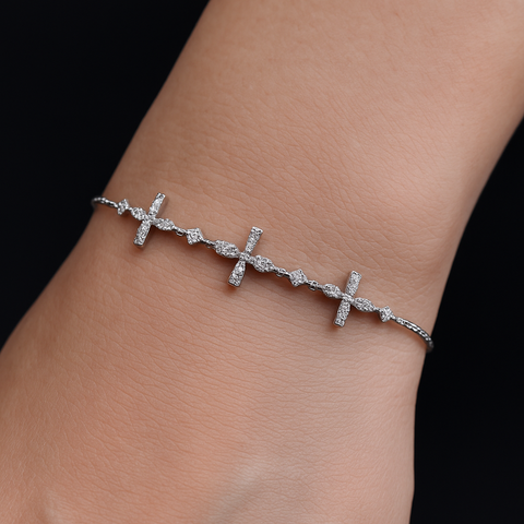 Dainty Silver Cross Bow Diamond Bracelet | Elegant Charm for Women