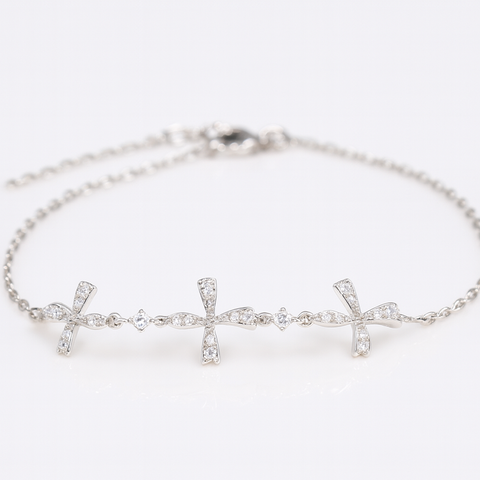 Dainty Silver Cross Bow Diamond Bracelet | Elegant Charm for Women