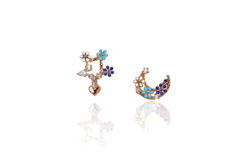 🌙✨ Floral Moon & Heart Mismatch Earrings – Colorful Crystal Charm 🌸💎