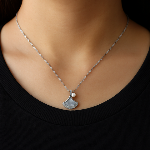 ✨ Pearl Elegance Fan Pendant 💠 | 925 Silver Minimal Necklace