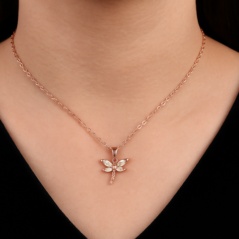 🌸 Sparkling Dragonfly Pendant 🪶 | Rose Gold 925 Silver Necklace