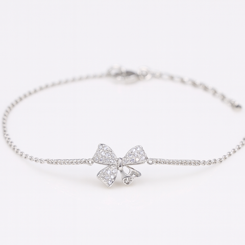 Elegant Silver Bow Bracelet | Dainty Charm with Diamond Accents