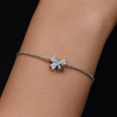 Elegant Silver Bow Bracelet | Dainty Charm with Diamond Accents